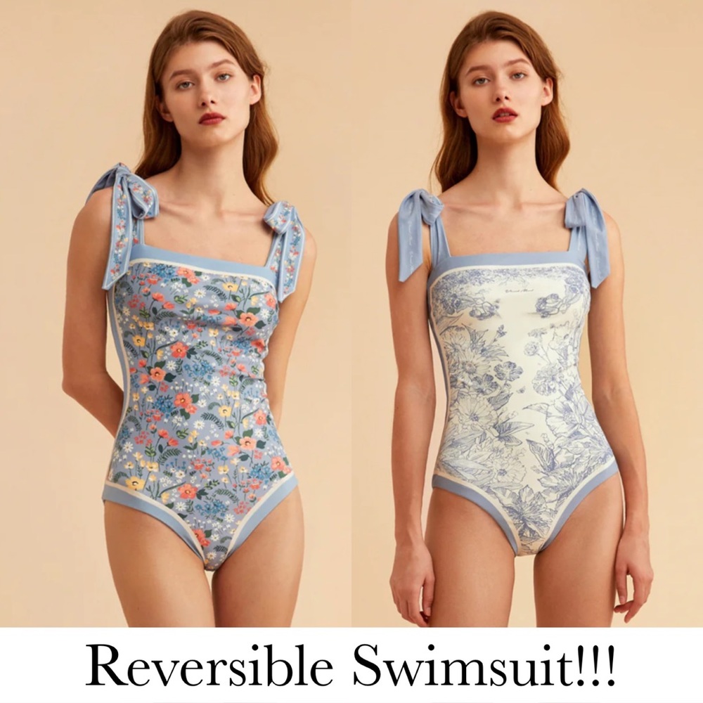 Retro Blue and White Floral Reversible Swimsuit with Shoulder Ties